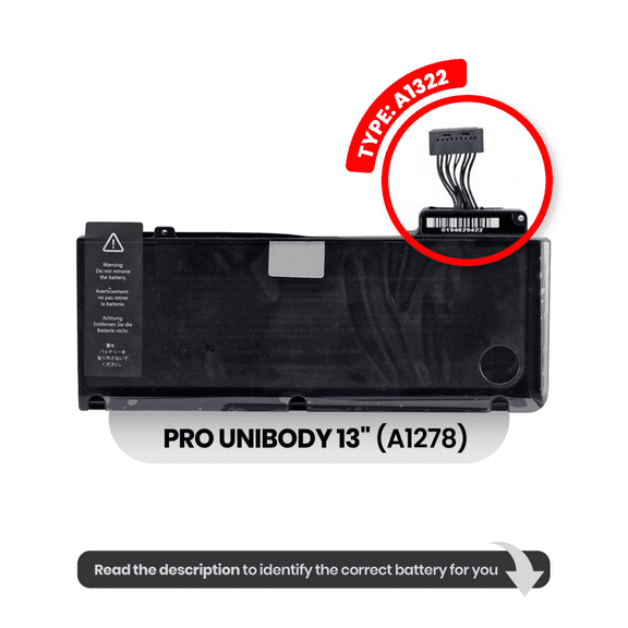 Replacement Battery A1322 Capacity 10.95V/63.5WH Compatible With Apple Macbook Pro 13" A1278 (Mid 2009- 2012)