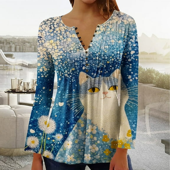 YOTAMI Ladies' Button Down Tops Ruffled Long Sleeve Plus Size Tops for Casual Wear V-Neck Printed Soft Shirts Multicolor XXXXL