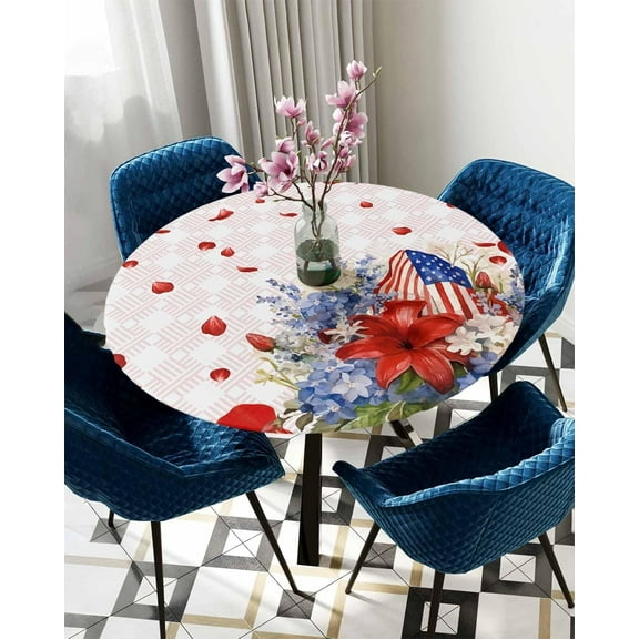 Round Table Cover 36"-44", Waterproof Reusable Table Cloth Round Fitted Vinyl Tablecloth with Elastic Edged for Outdoor Party,Independence Day American Flag Flowers Texture Table Cover