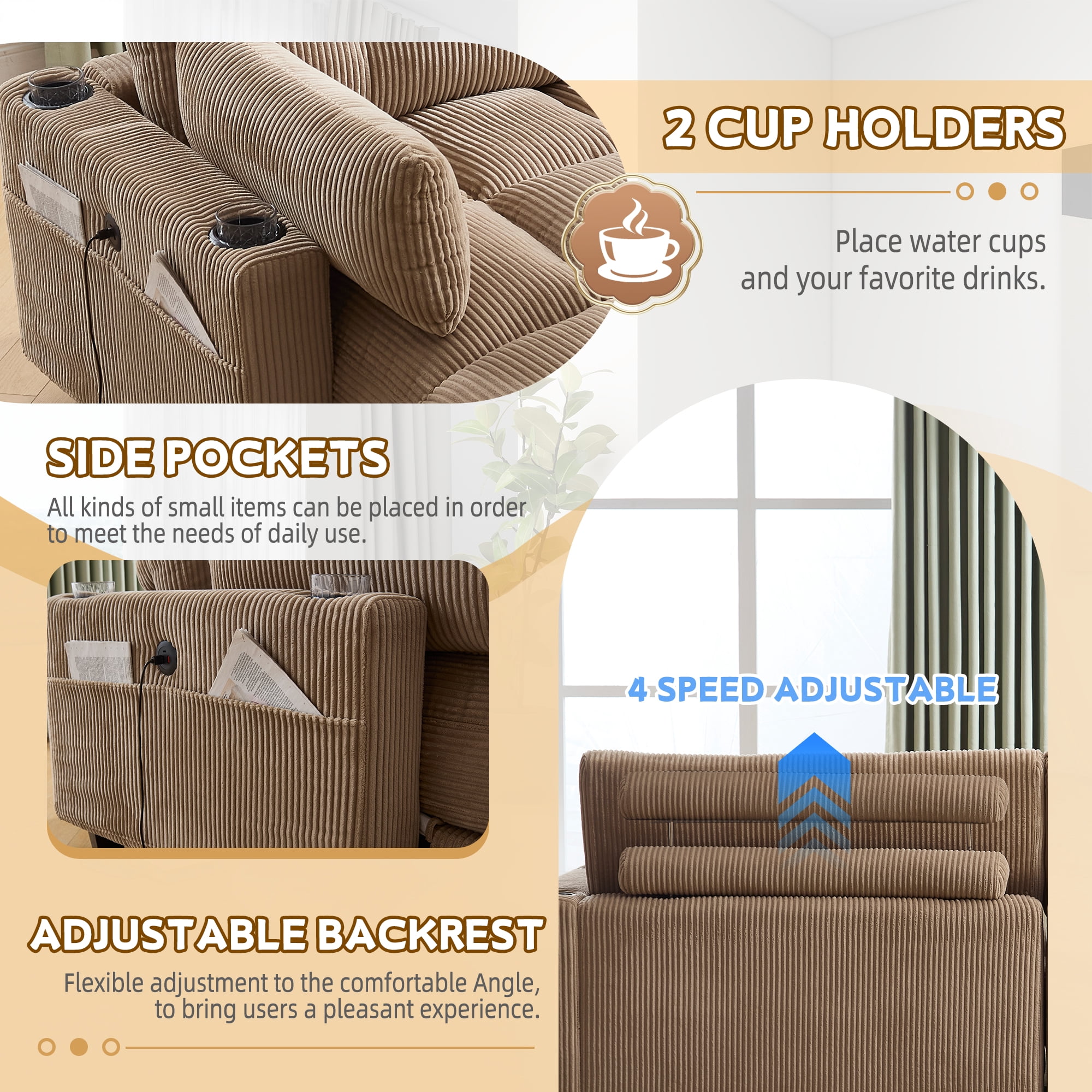 MOONMISS Corduroy Upholstered Soft Deep Seat Sofa with USB,Type-C&2 Cup Holders-Khaki
