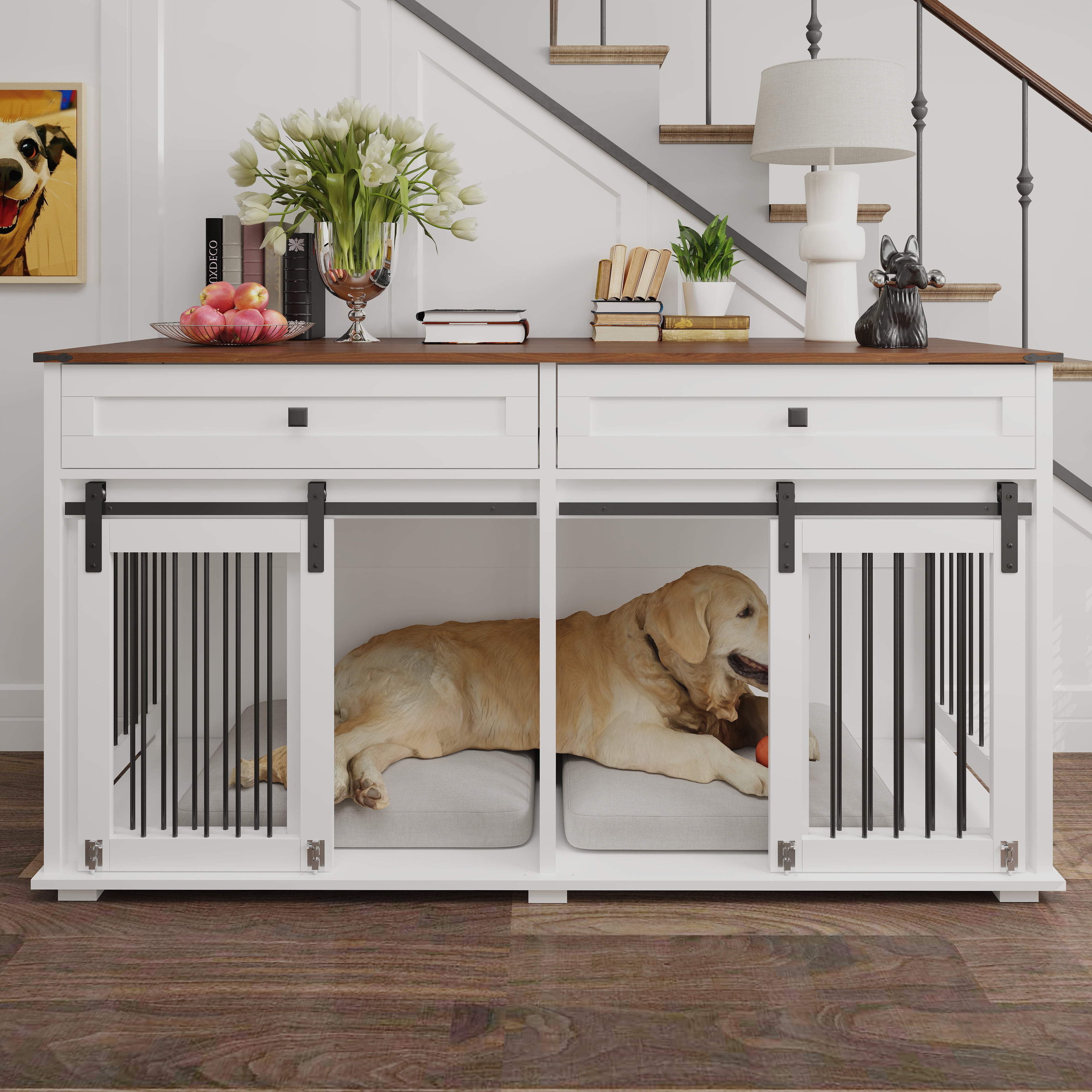 63" Large Dog Crate Furniture for Double Dog, Wooden Dog Kennel with 2 Drawers, Divider and Sliding Door, Water Resistant Indoor Pets Furniture Style Double Dog Crates