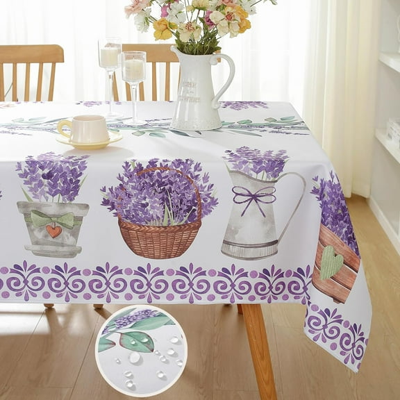Spring Summer Tablecloth 60 x 84 Inch Rectangle, Lavender Floral Table Cloth, Spill-Proof Stain Resistant Decorative Fabric Table Cover for Dining, Party, Picnic