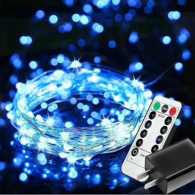 WWS-Plug in Fairy Lights with Adapter Remote Timer, 8 Modes 33ft 100 LED Dimmable String Lights, Waterproof Firefly Starry Lights Twinkle Lights for Indoor Outdoor Decoration, UL-Listed (Blue)
