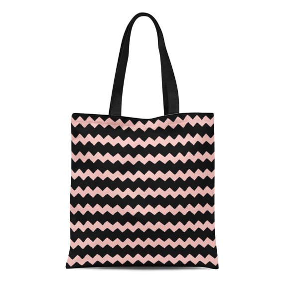 NUDECOR Canvas Tote Bag Abstract Zigzag Pattern Rose Quartz and Black Color Actual Durable Reusable Shopping Shoulder Grocery Bag
