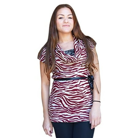 Couture Zebra - Peach Couture Zebra Print Cowl Neck Lace Detailed Elegant Belt Tunic Top