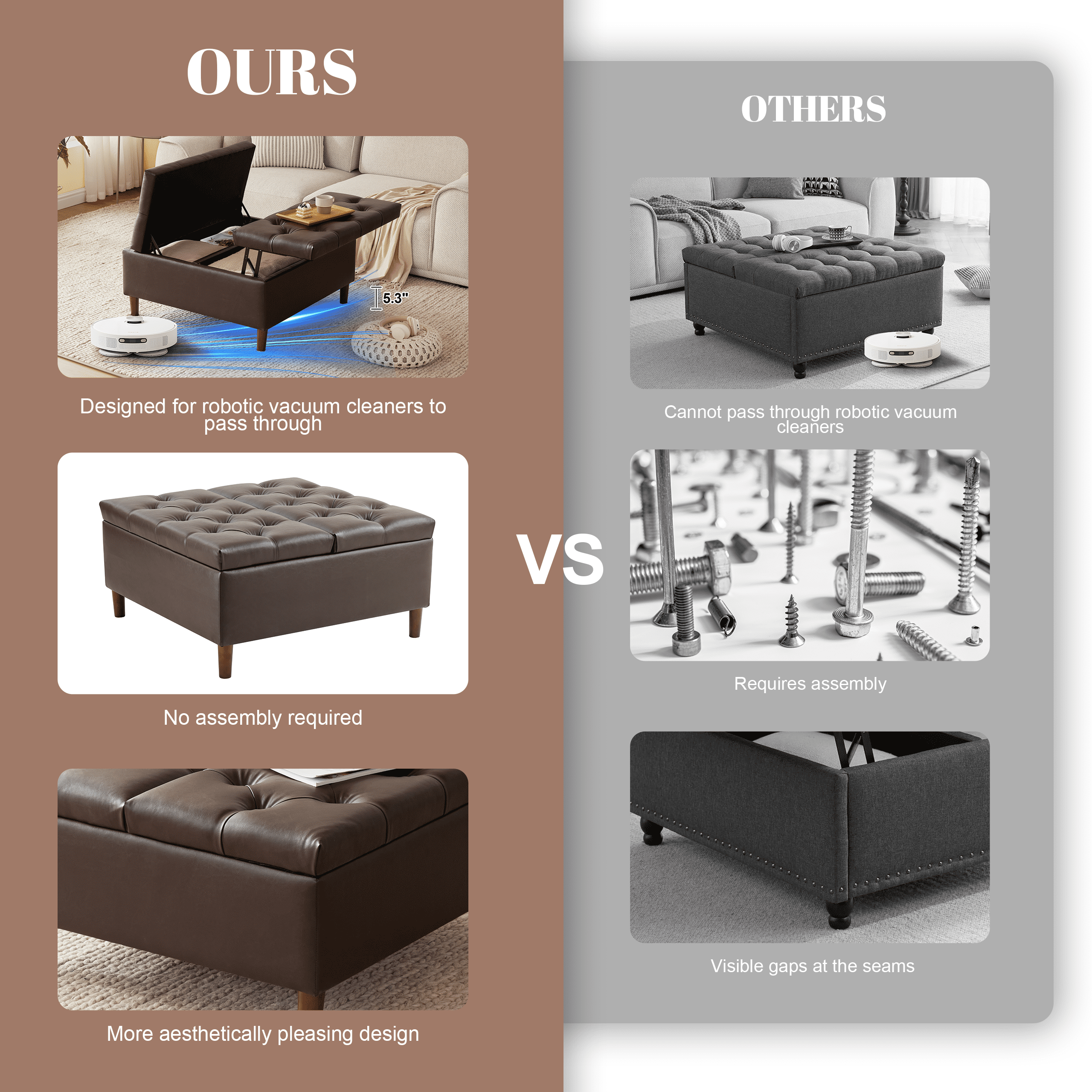 Weture Leather Oversized Square Storage Ottoman, Tufted Upholstered, No Assembly Required, 35 Inch, Brown