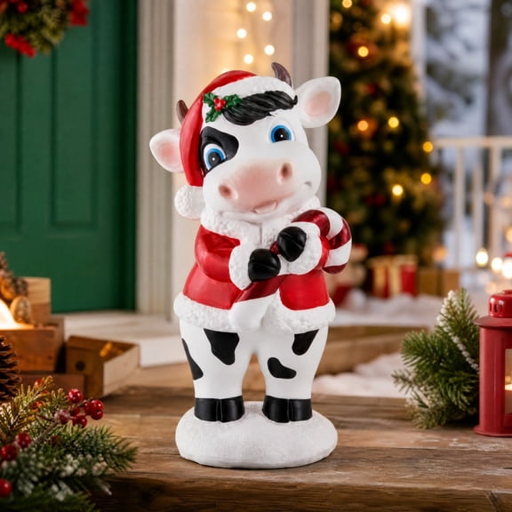 Clerance! Christmas Cow Figurine, 7.87" Resin Holiday Decor, Santa Suit & Candy Cane, Festive Tabletop Statue for Home Office