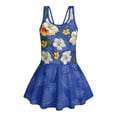 thumbnail image 4 of COEQINE Girls One Piece Swimsuit with Flowy Skirt Bottom, Soft Tank Style Neckline Skirted Swimwear, Comfort Polyester Spandex Bathing Suit for 5-6 Year Olds, Tropical Hibiscus Palm Blue, 4 of 8