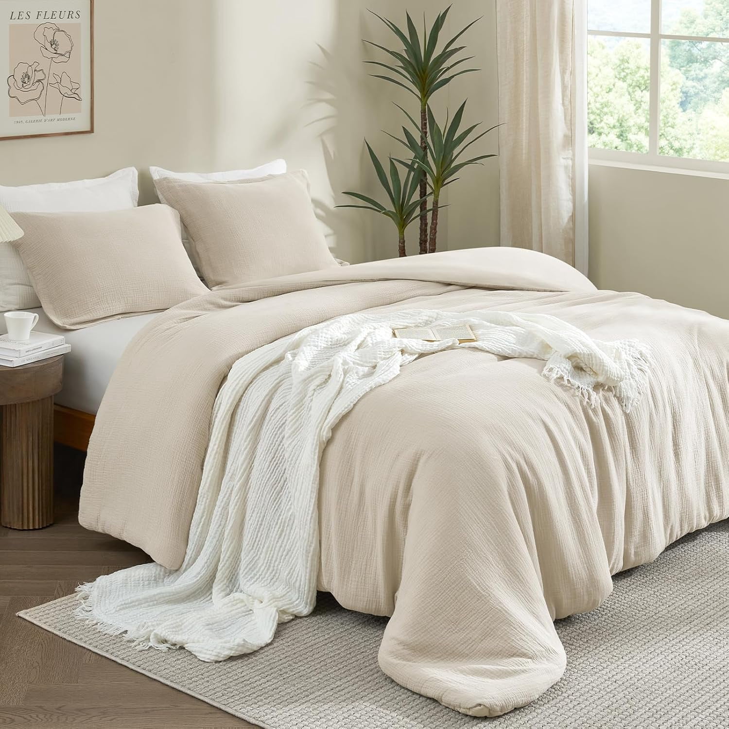 PHF Cotton Muslin Comforter Set Queen Size, Ultra Soft Breathable & Lightweight Bedding Set for All Seasons, 1 Comfy Comforter 90"x90", 2 Pillow Shams 20"x26", Natural