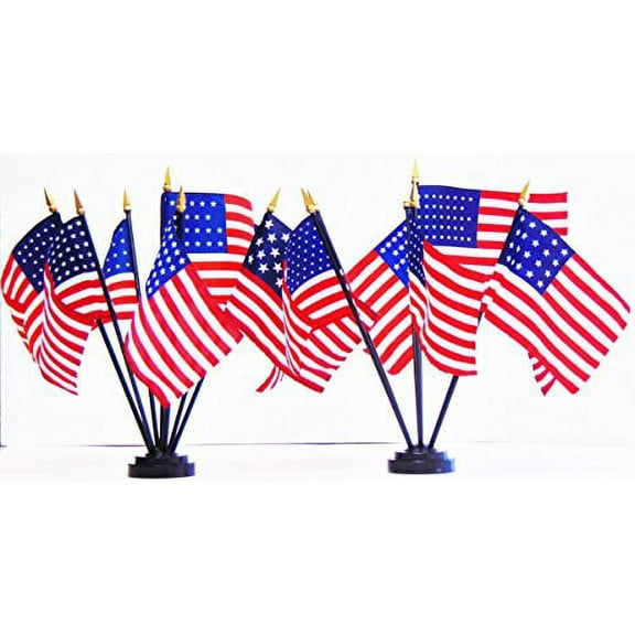 US FLAG SET!! 14 4"x6" United States Flags Ranging From 15-50 stars with two 7-hole bases; Miniature Desk & Table Flags, Small Mini Stick Flags