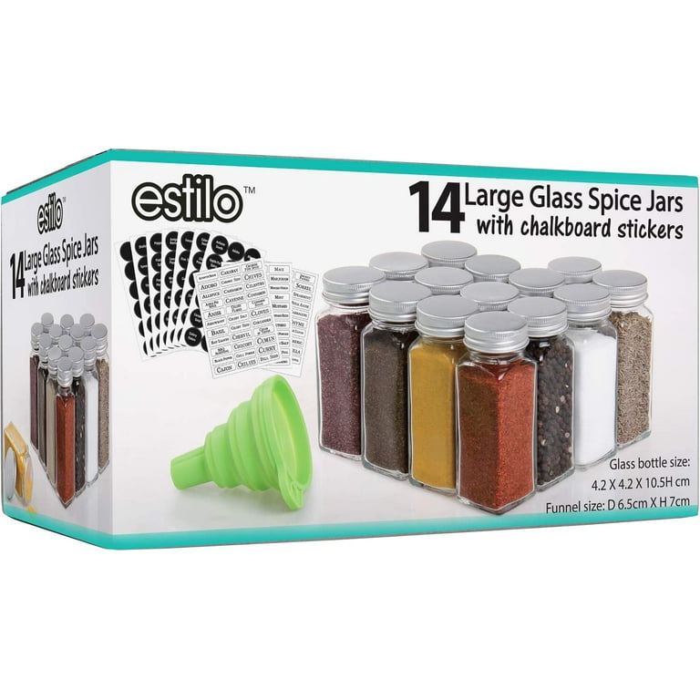 Estilo Complete Includes Clear Ti Spice Set 14 Glass Jars with Airtight  Screw-on Covers, Shaker Lids, 240 White and Black Labels, Collapsible  Silicone Funnel-(4 oz 