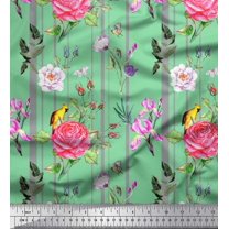 Soimoi Velvet Fabric Stripe,Camellia & Rose Floral Decor Fabric Printed Yard 58 Inch Wide