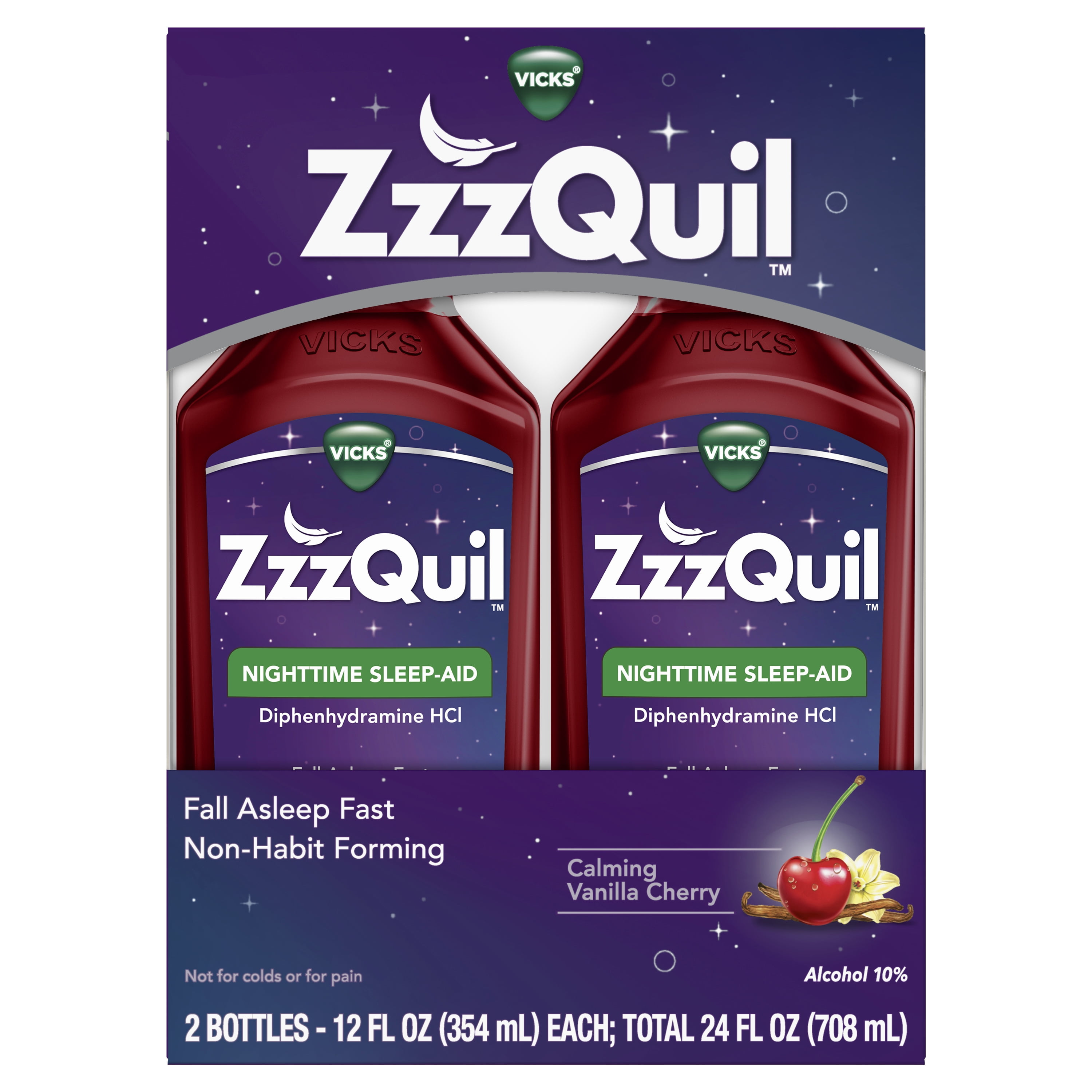 ZzzQuil, Nighttime Sleep Aid Liquid, 50 mg Diphenhydramine HCl, No.1 Sleep Aid Brand, Fall Asleep Fast, Non-Habit Forming, Calming Vanilla Cherry, 12 FL OZ X 2