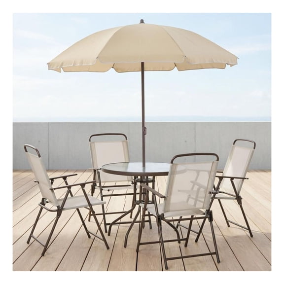 Beige Patio Dining Set for 4, Round Glass Table with Folding Chairs & Umbrella