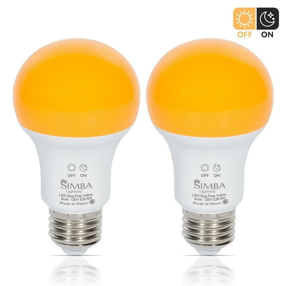 Simba Lighting LED Bug Non-Attracting 2000K Bulb 6W 40W Equivalent Dusk-to-Dawn Sensor E26 Base, 2-Pack