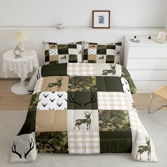 Juego de cama Twin Size Woodland Camo Quilt Set Verde y Beige Plaid Print
