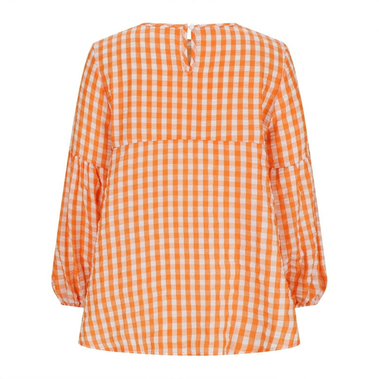 XFLWAM Women's Crew Neck Ruffle Babydoll Tops Plaid Lantern Long