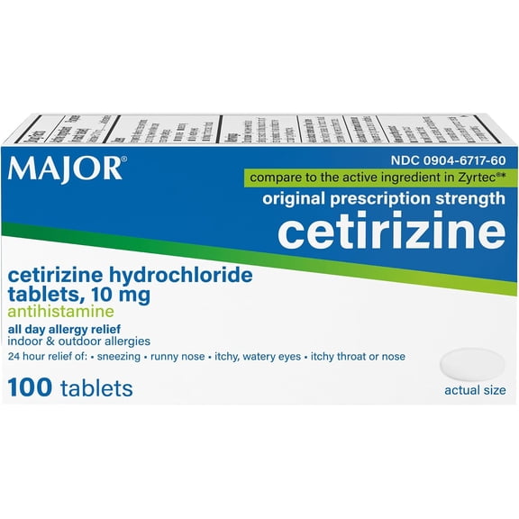 MAJOR Cetirizine Hydrochloride Tablets - 24 Hour Indoor and Outdoor Allergy Relief for Sneezing, Watery Eyes, Itchy Throat or Nose - 10mg - 100 Count (1 Pack)