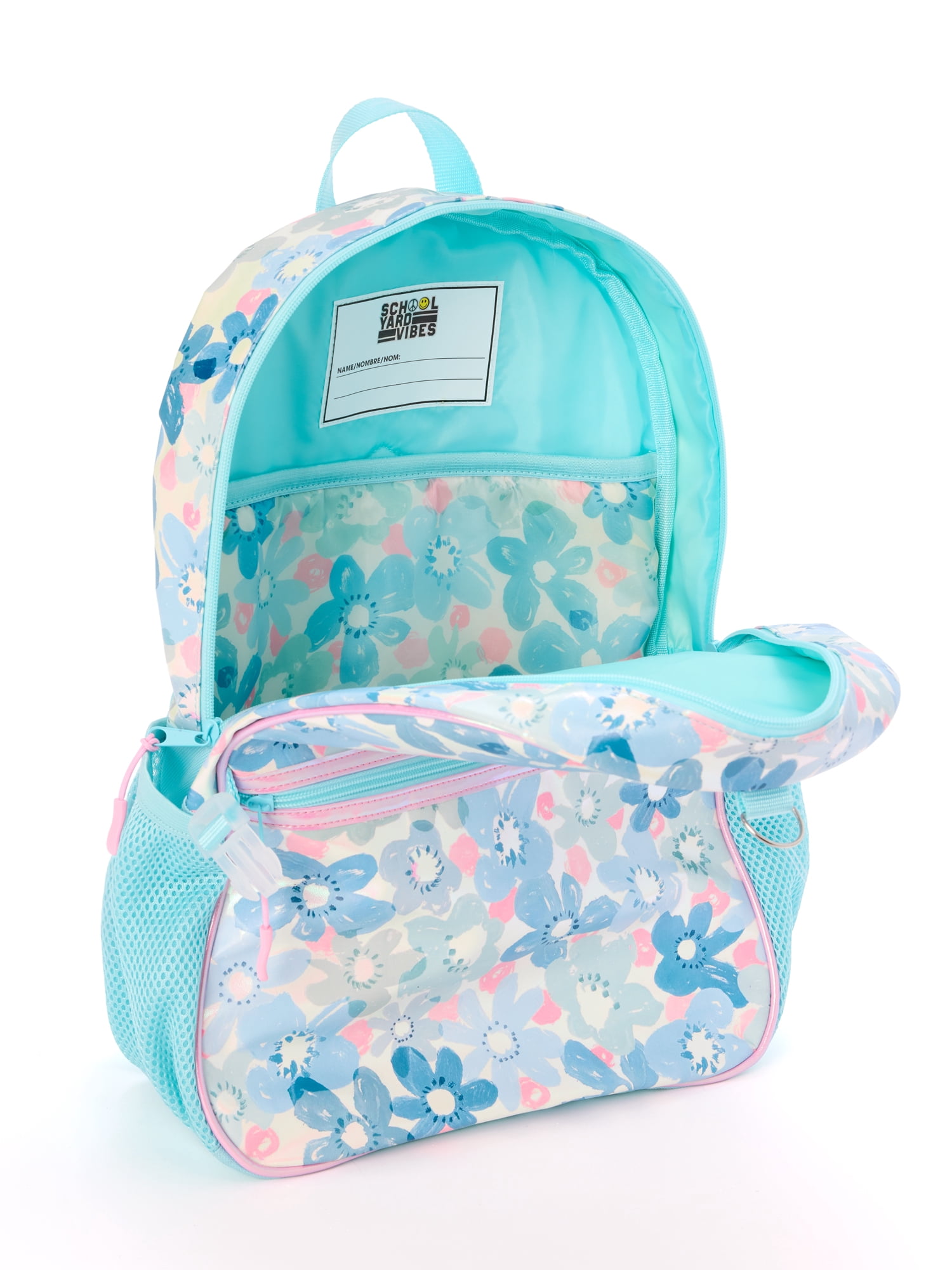 Schoolyard Vibes 17" Girls' 3-Piece Backpack Set with Headphones & Lunch Box, Blue Floral