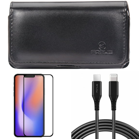 10ft PD Cable & Screen Protector & Case Belt Clip for iPhone 13/Pro ONLY - USB-C Fast Charger Long   Anti-Glare Tempered Glass Matte   Leather Swivel Holster Combo