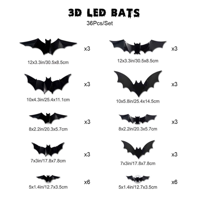 AYktou Halloween Decorations,Stickers,Stickers for Kids,Three-dimensional Halloween LED Night Light Bats Holiday Party Window Display Garage Decoration PVC Flash Wall Stickers 12/24/48/60pcs