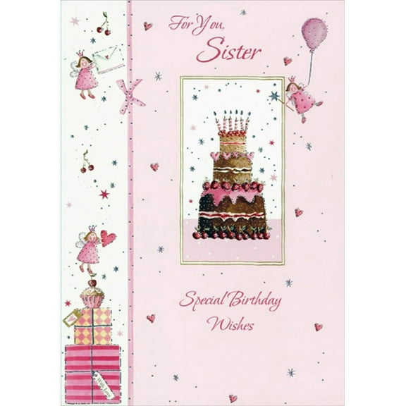 Designer Greetings 3 Tiered Cake and 3 Tiny Fairies with Balloon, Envelope and Heart Birthday Card for Sister