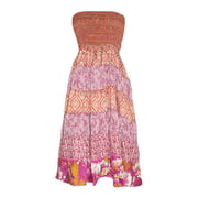 Mogul Women Sundress Pink Smocked Bodice Printed Patchwork Beach Dresses M