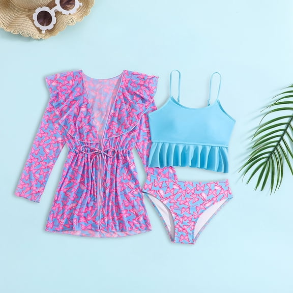 Baby Swimsuit Girl 3 Piece Bikini with Coat Scoop Neck Sleeveless Spaghetti Straps Ruffle Trim Solid Print Top And Swim Shorts Set for Vacation Girls Bathing Suits Purple 9 Years-10 Years