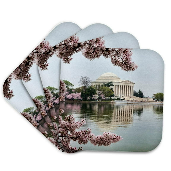 3drose, Washington Dc, Jefferson Memorial and Tidal Basin with Cherry Blossoms, Set of 4 Coasters - Soft