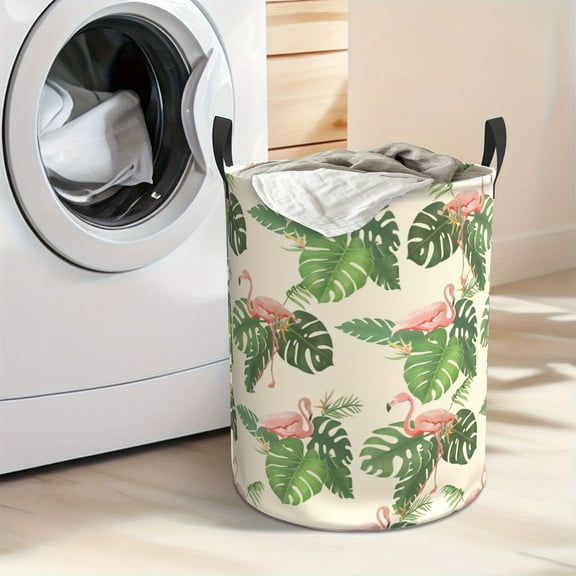 Extra-large Handleable Folding Laundry Basket - Flamingo Plant and Flower Printed Storage Basket, Durable Polyester Round Organizing Basket, Suitable for Bedrooms, Bathrooms, Toys and Dirty Clothes