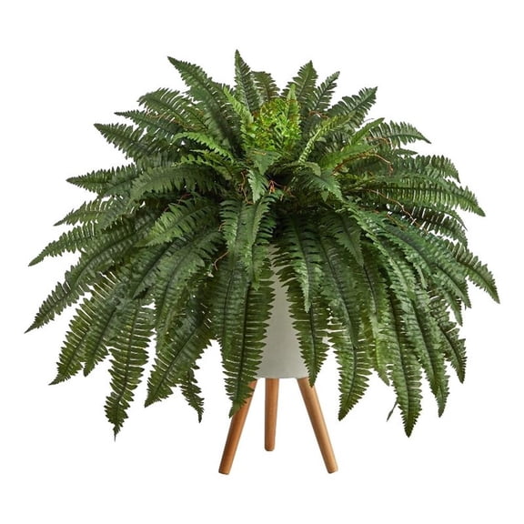 Nearly Natural 2.5ft. Boston Fern Artificial Plant in White Planter with Legs