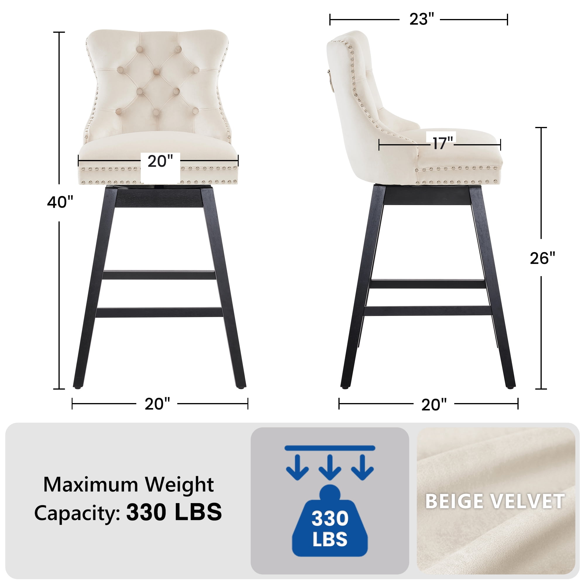 Tewloss 26" Swivel Bar Stools Set of 2 Velvet Counter Height Chairs for Home Kitchen Dining, Beige