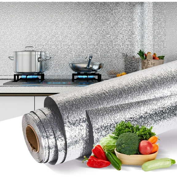 Kitchen Backsplash Wallpaper Oil Proof Sticker,Self-Adhesive Aluminum foil Heat Resistant,Waterproof Wall Sticker for Microwaves,Countertops,Shelf Liner(15.7''x197'')