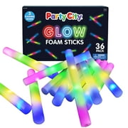 Party City Glow Sticks Foam Light-Up, 14-inch LED Flashing Party Favors with Multi-Color Lights for Kids Ages 3 & up, 36 pack