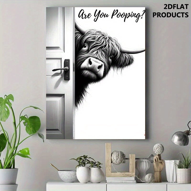 1pc 2D Flat Black and White Canvas Art: A Longhorn Bull Peeking Through a Door Gap with the Text "Are You Pooping?" Fun Canvas Painting Wall Decor for Home, Bedroom, Kitchen, Living Room