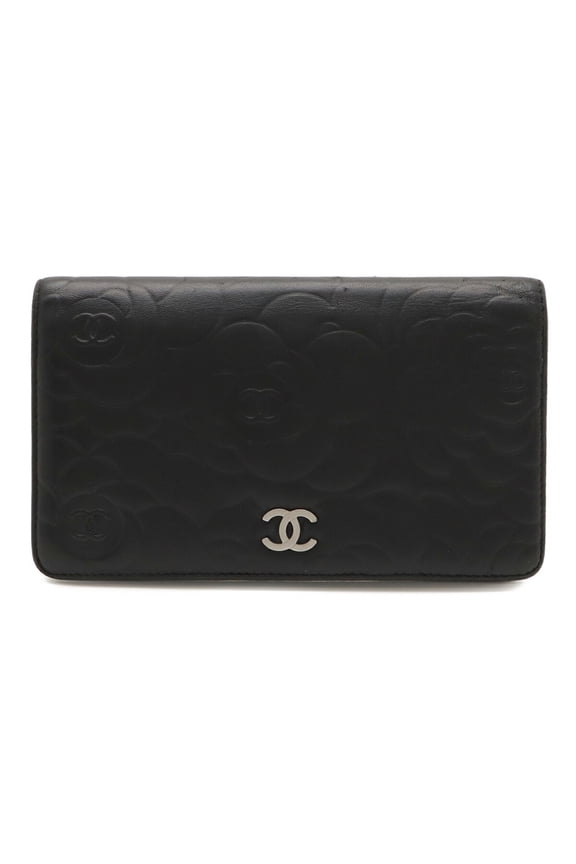 Pre-Owned CHANEL Camellia Embossed Coco Mark Bifold Leather Wallet in Black A36544 (Good)