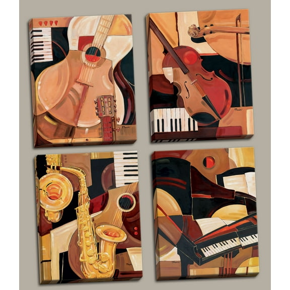 Classic Reproductions of Abstract Jazz Paintings: Piano, Sax, Violin, Guitar: Four 11x14in Stretched Canvas Pieces