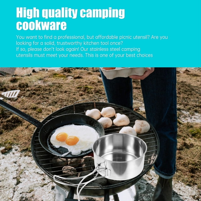 HEANUJJ 1Set Picnic Cookware Silver Stainless Steel Durable Portable Camping Cooking Pot and Pan Set