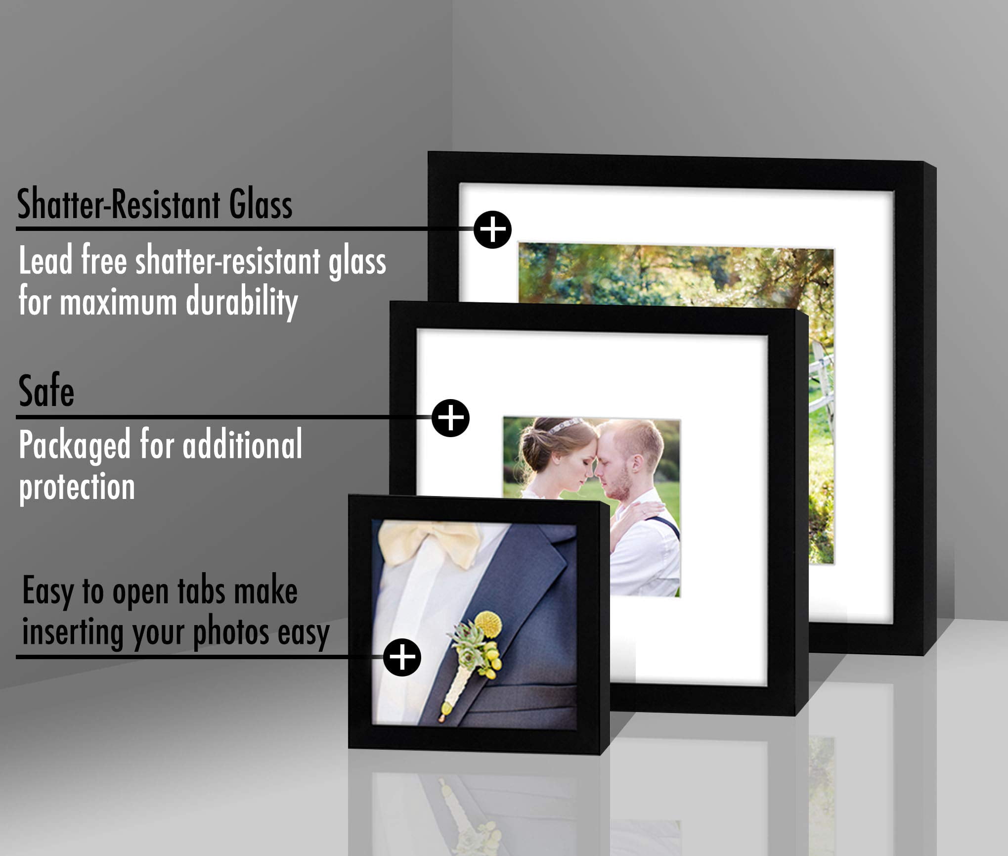 Americanflat Square Picture Frame Set in Black with Shatter Resistant Glass and Easel Stand - Various Dimensions - Pack of 8