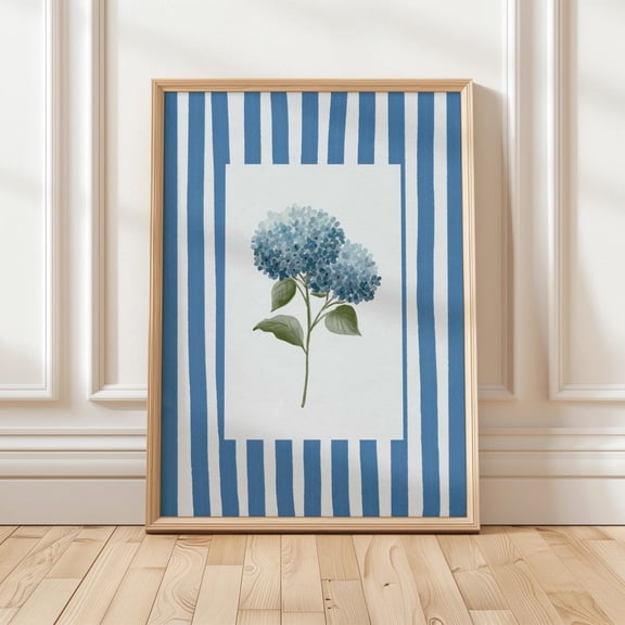 Navy Blue Stripes Hydrangea Minimalist Flower Wall Art Modern Home Hydrangea Botanical Illustration Hamptons Decor