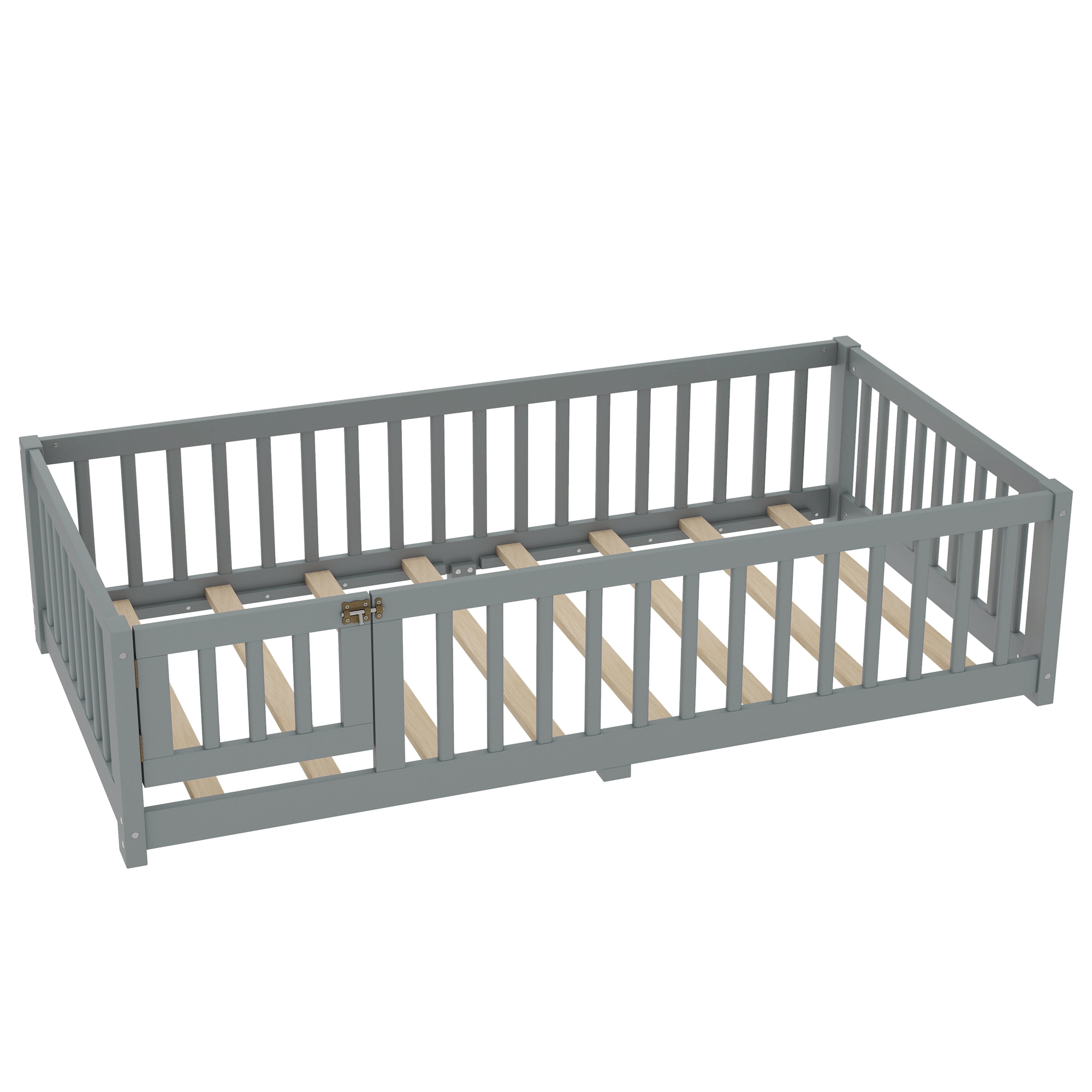 Jopath Twin Size Floor Bed Frame,Montessori Bed with Guardrails and Door,with Slatted Base,for Kids,Boys,Girls,Gray