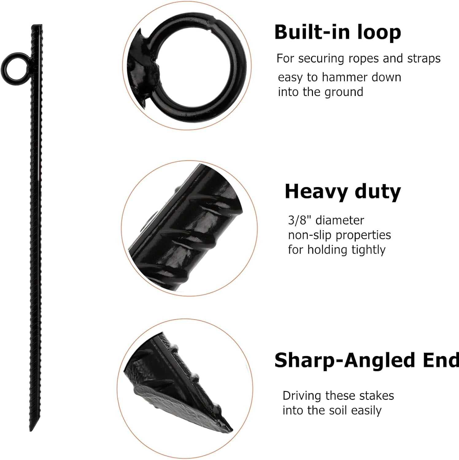 12 Pack 16 Inch Heavy Duty Ground Stakes, Black Steel Ground Anchors with Loop, Reusable Tent Rebar Tent Stakes for Sheds Outdoor Camping Walkway Garden  Fence