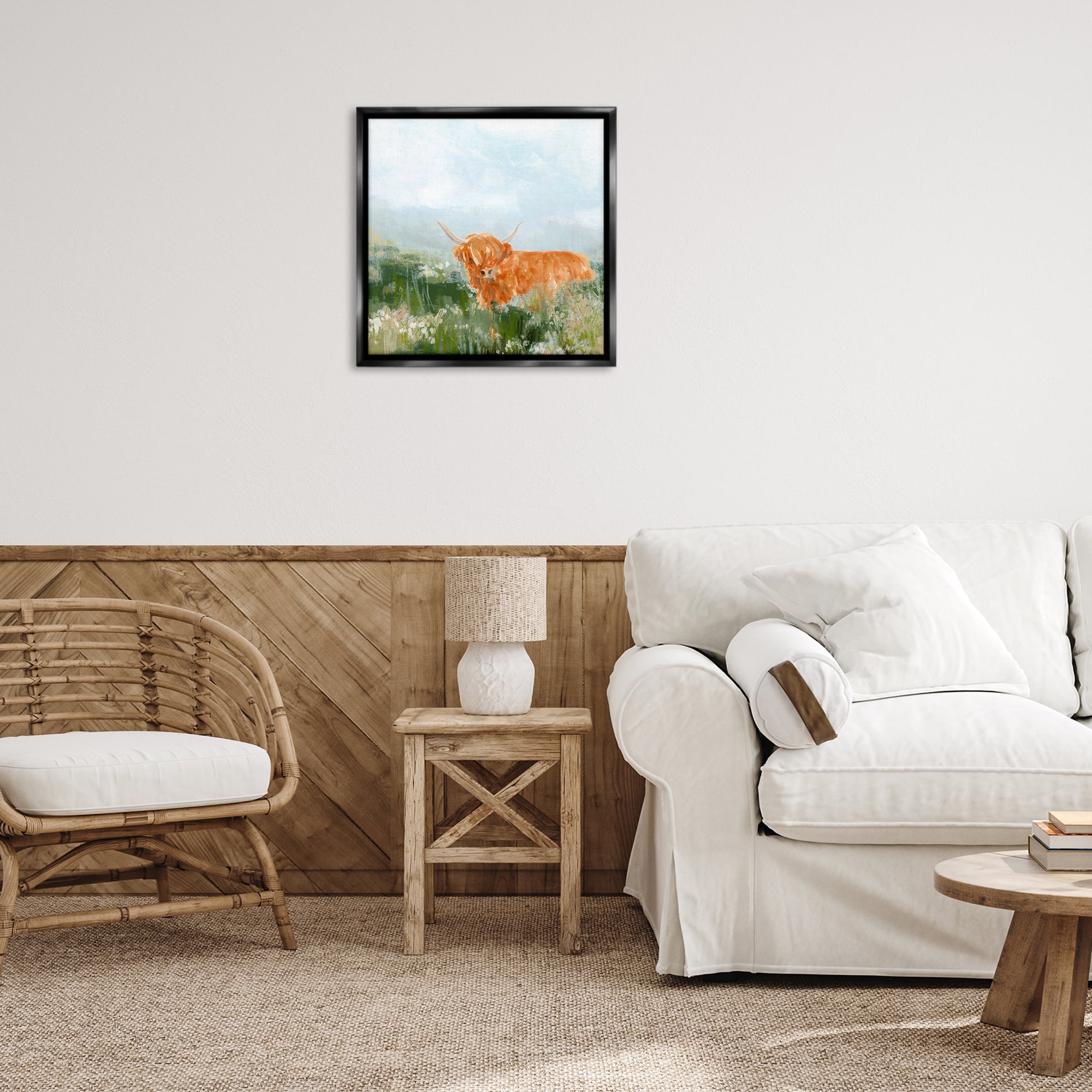 Stupell Industries Highland Cattle Abstraction Animals & Insects Painting Black Floater Framed Canvas Art Print Wall Art, 25 x 25