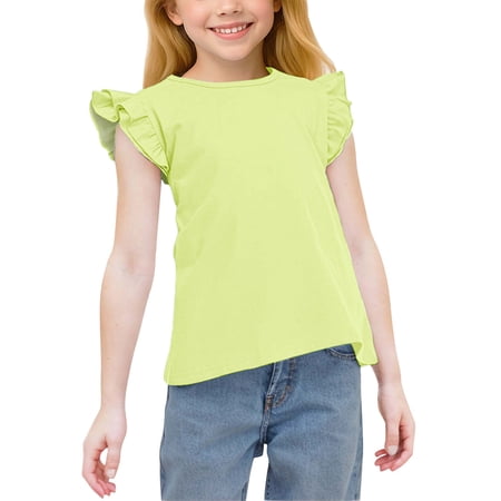 ZACPNCV Girls Ruffle Sleeve T Shirts Summer Short Sleeve Casual Cute Crewneck Tops Tees Olive Green 3-4 Years