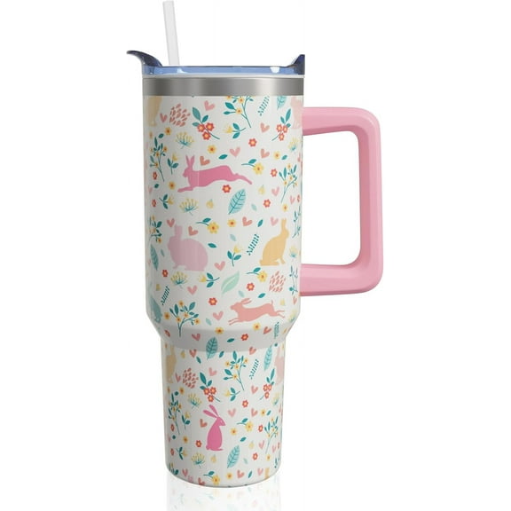 40oz Stainless Steel Easter Bunny Tumbler with Handle, Straw & Leakproof Lid - Reusable Insulated Cup, Easter Gifts for Adults