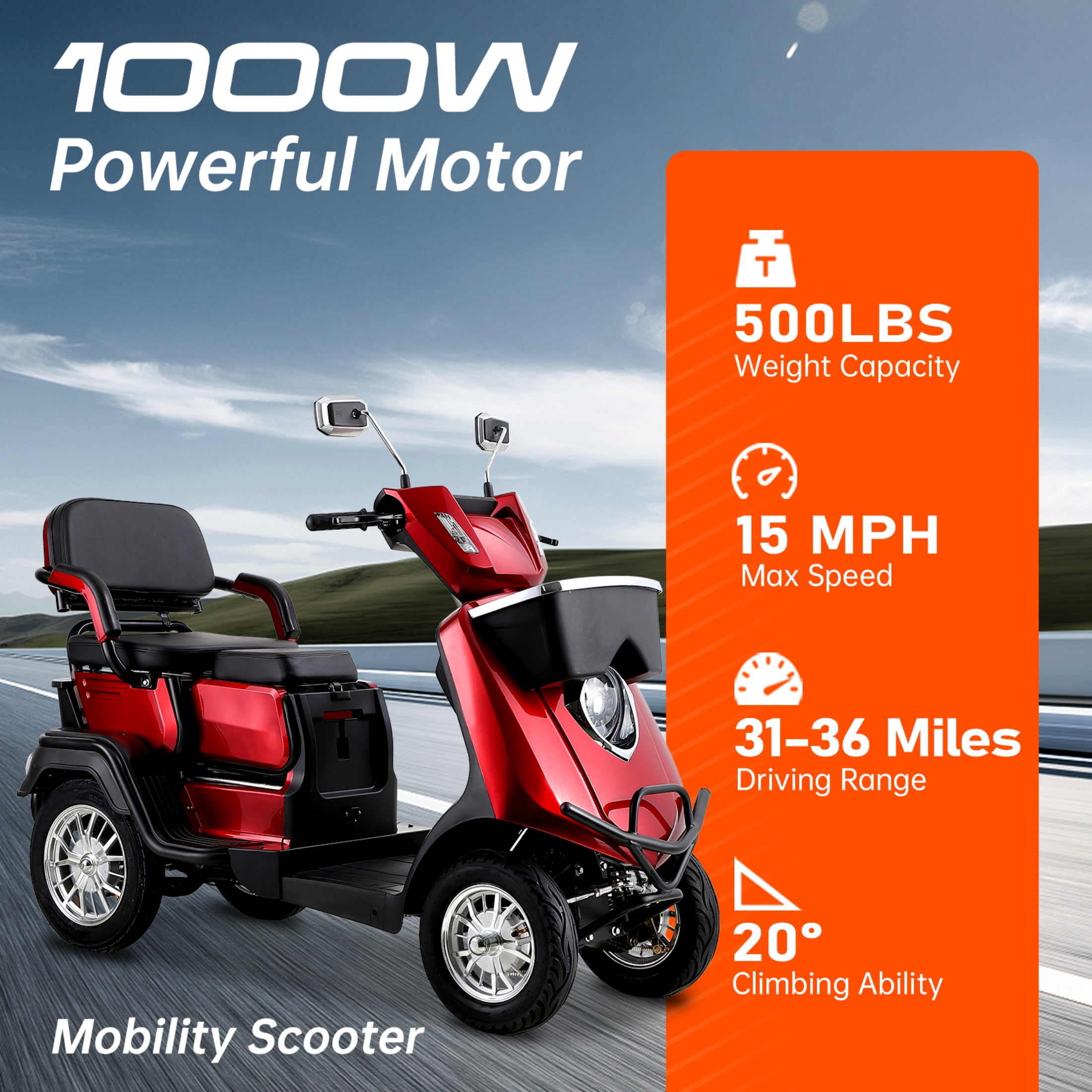 QEEKA 4-Wheel Mobility Scooter, 2-Seater Electric Scooter with Adjustable Seat, 500 lb Capacity, Red