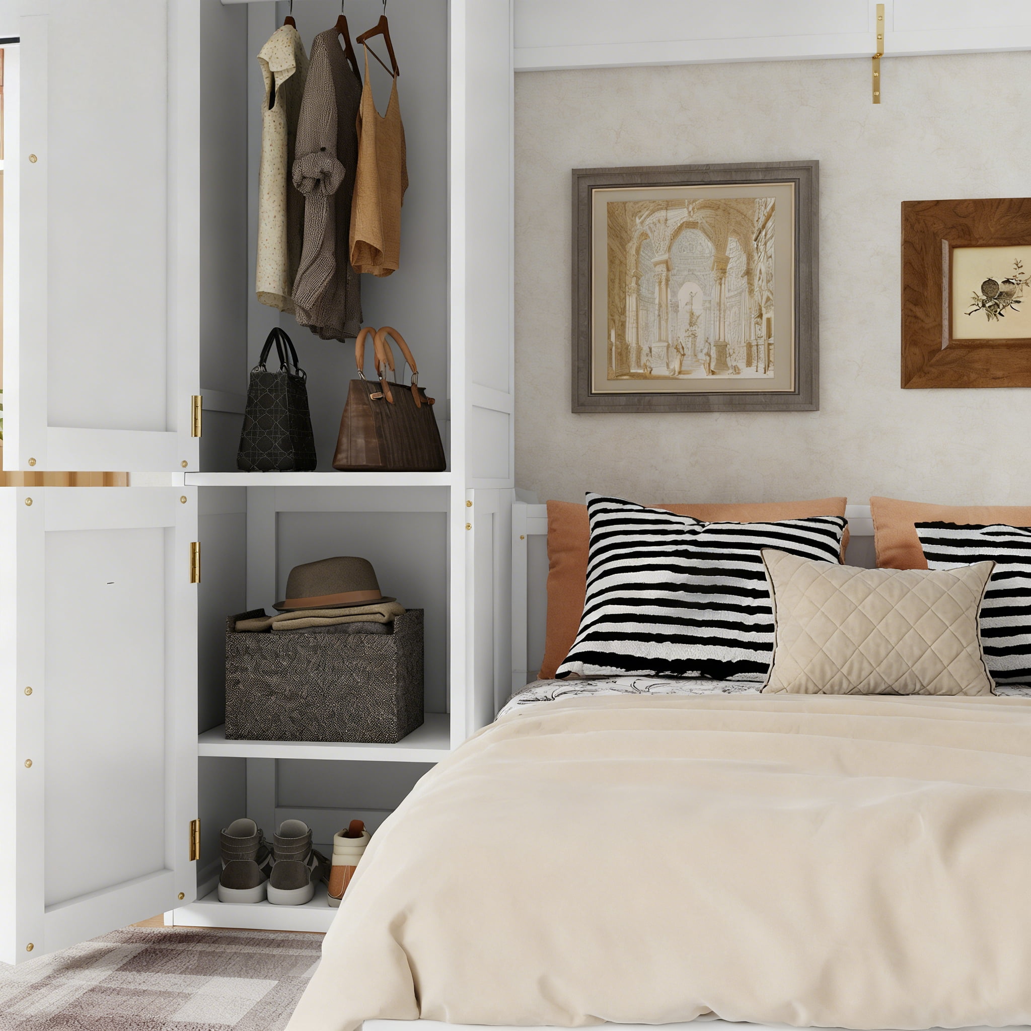 Alvantor Queen Murphy Bed with Wardrobe, Wall Bed Cabinet with Desk and Charging Station, White 86.1"H