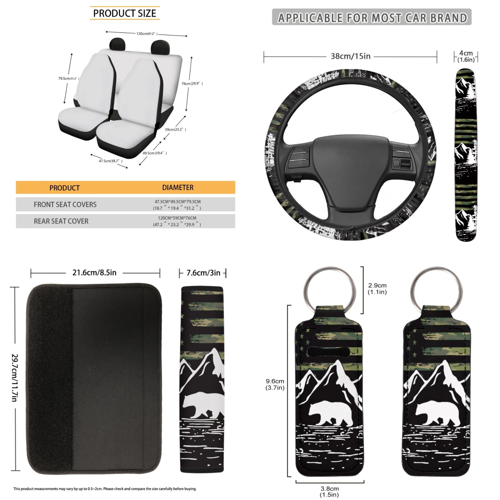 Jeiento American Military Flag Car Seat Covers Set of 13 Pack, Auto Steering Wheel Cover Seatbelt Pads Trash Can Rear View Mirror Protector Mountain Coasters Keychain Lip Balm Holder Car Accessory