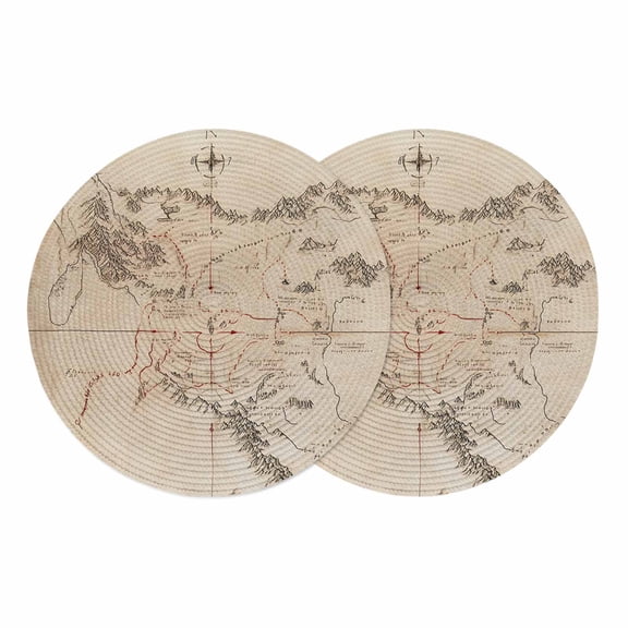 Retro Map Round 13 Inch Placemats Set of 2, Middle Century Mountain Landscape Vintage Art HeatResistant Non Slip Place Mats for Dining Table, Wipeable Braided Kitchen Table Mats for Housewarming
