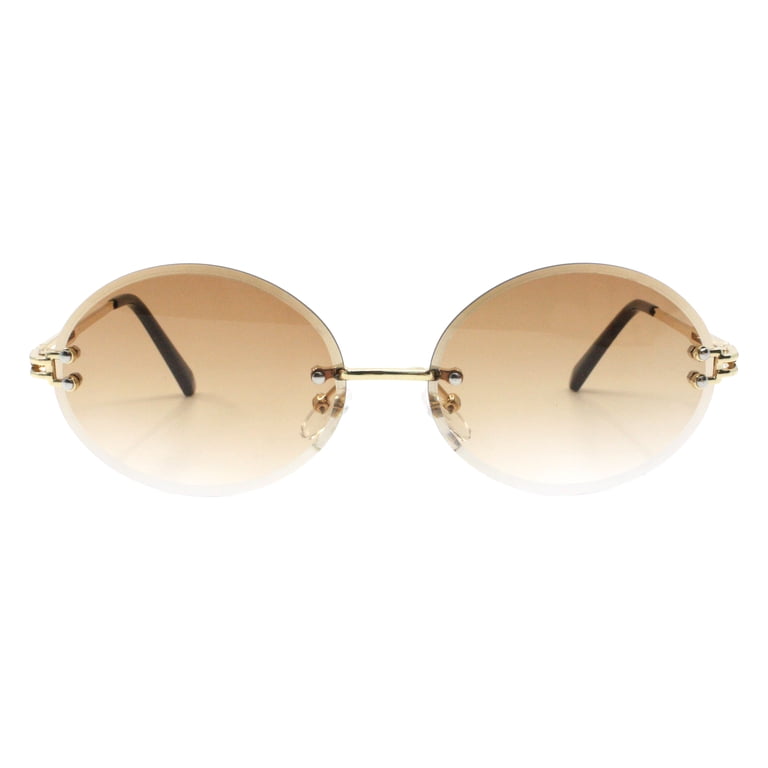 Rimless Oval Sunglasses Gold Frame Brown Beveled Lens Unisex  display picture 1